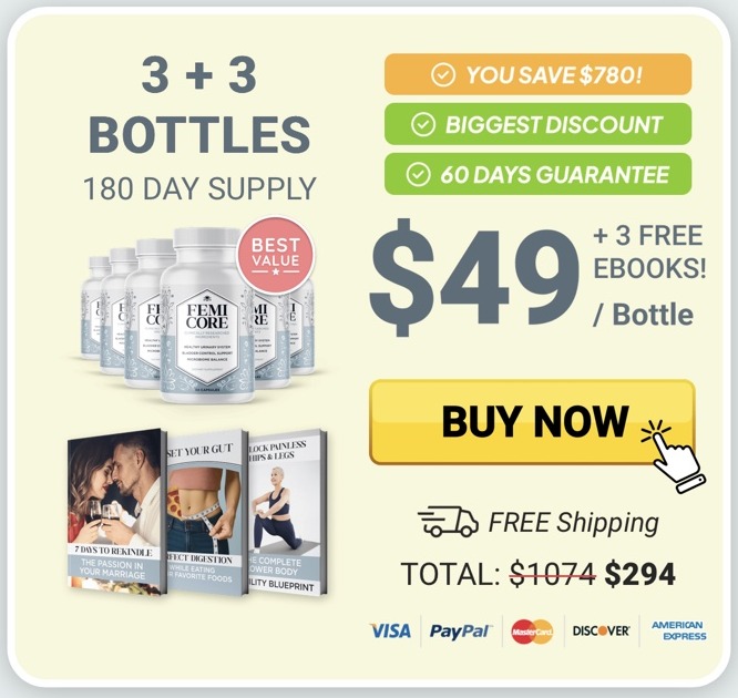 3 plus 3 Bottles, 180 Day Supply. You save $780, biggest discount, 60 days guarantee, $49 per bottle, plus 3 free ebooks, free shipping, total $294.